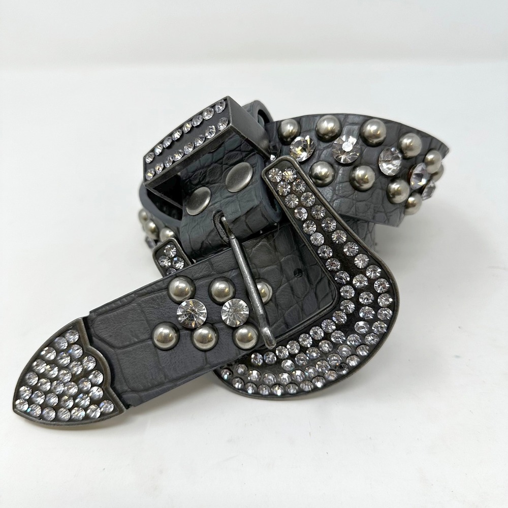 Unbranded 1.5" Rhinestone &‎ Studded Crock Embossed Leather Belt Grey Size S